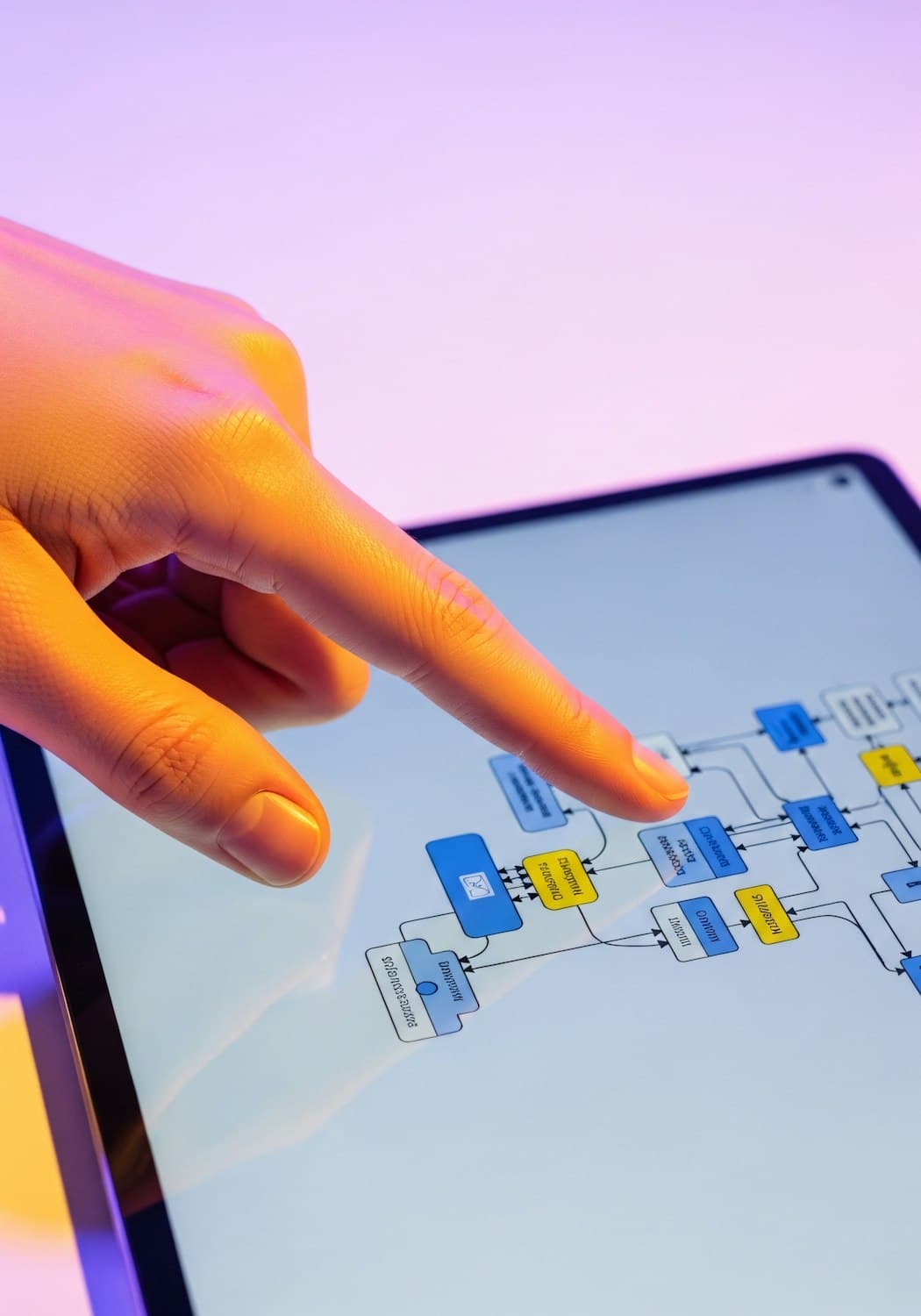 A hand interacting with a touchscreen showing a colourful flow diagram