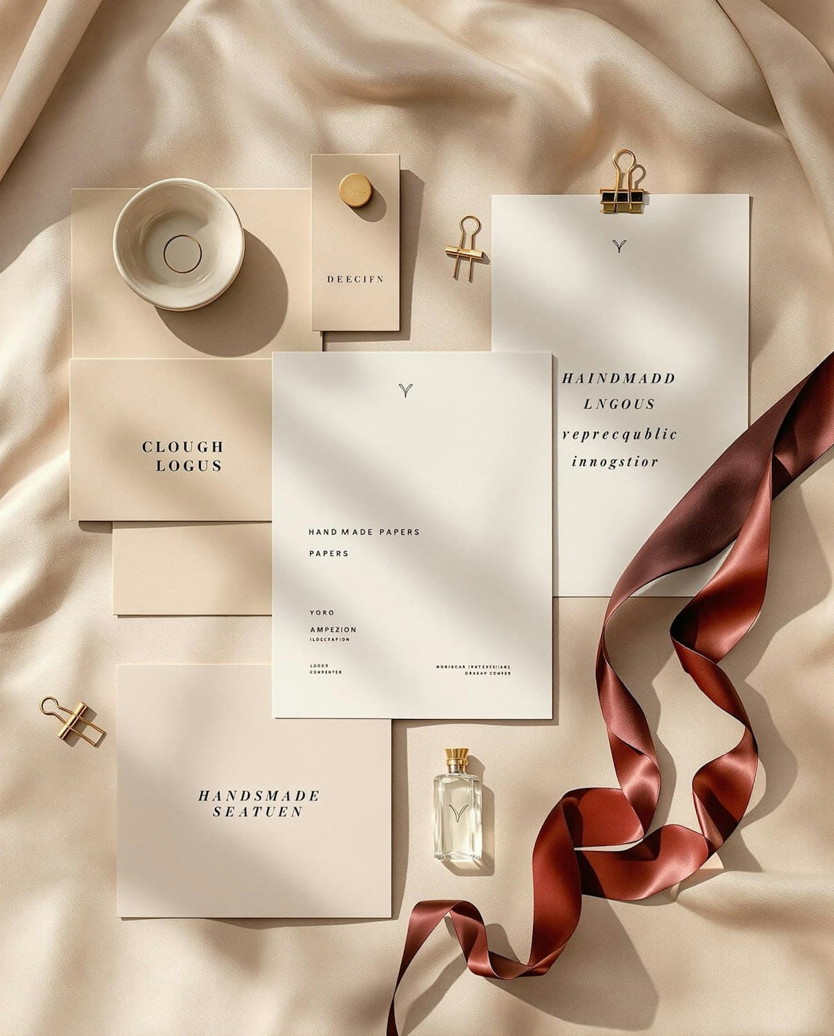 An elegant flat lay of minimal stationery on a soft beige surface