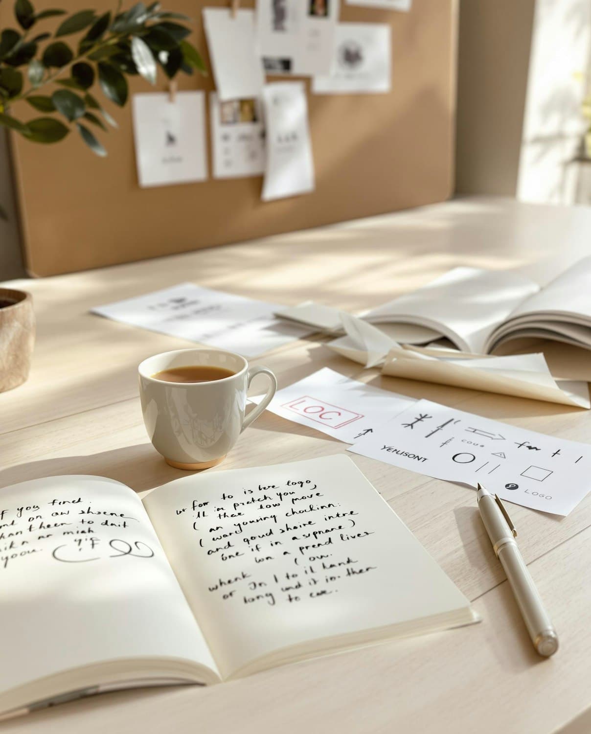 A notebook, coffee cup and design sketches on a sunlit desk