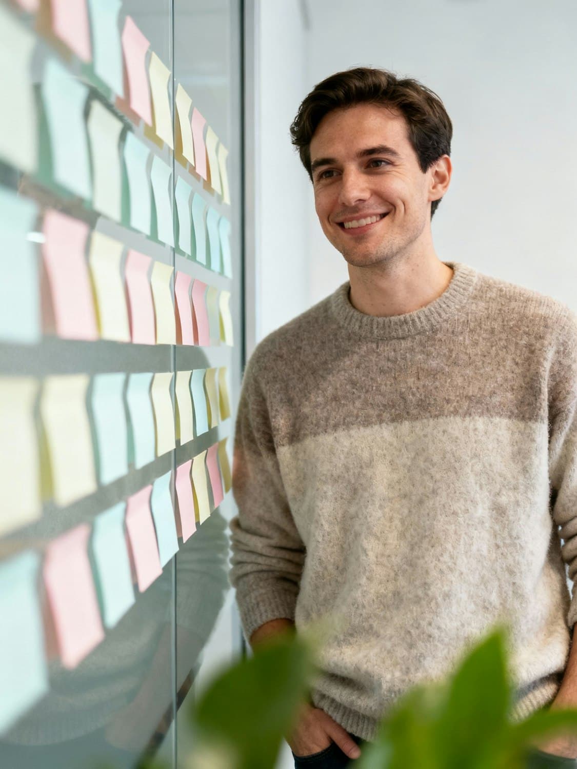 A designer reviewing sticky notes arranged on a glass wall during a workshop