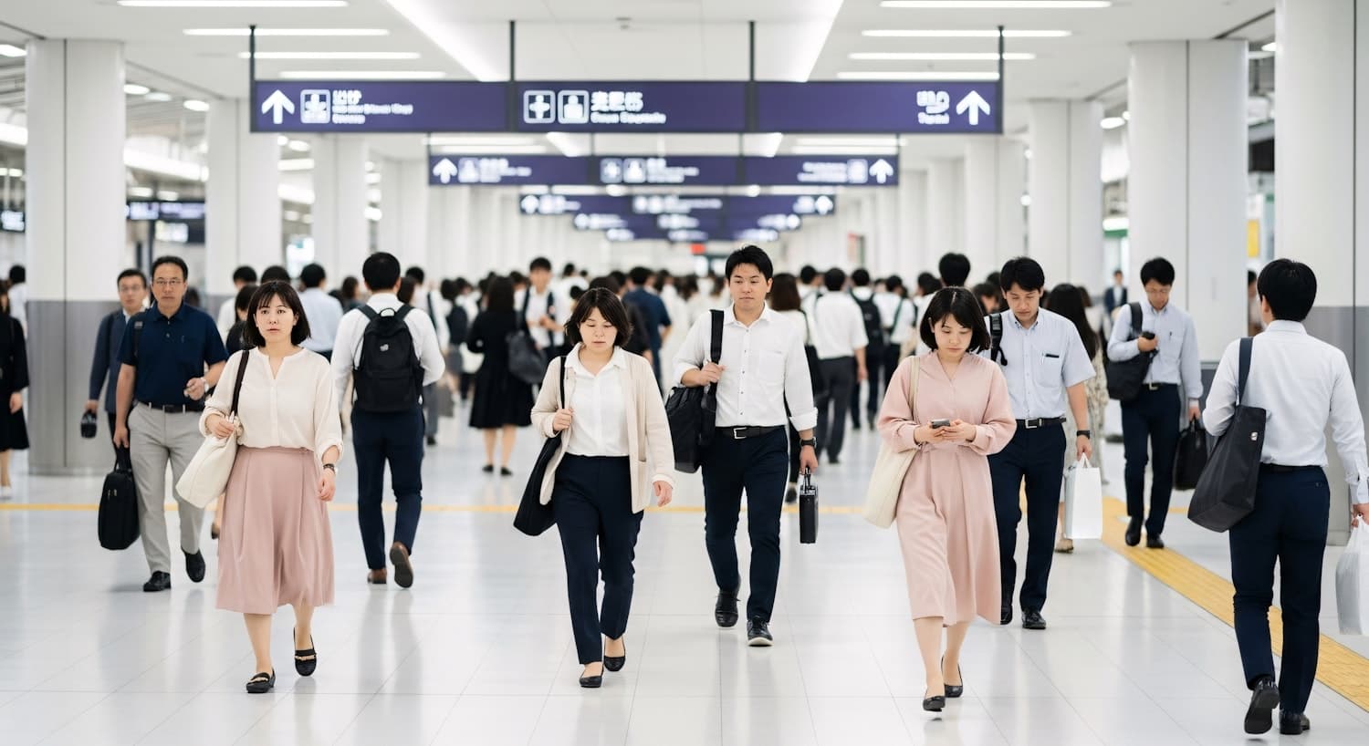 Commuters walking through a busy transit station beneath signage
