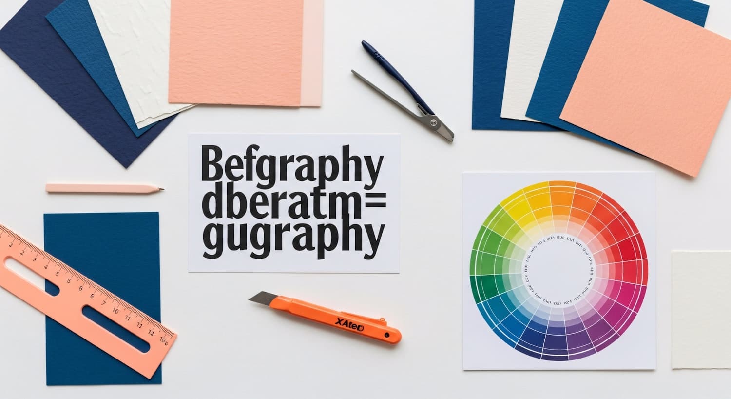 Design tools, colour samples and typography specimens laid out on a white surface
