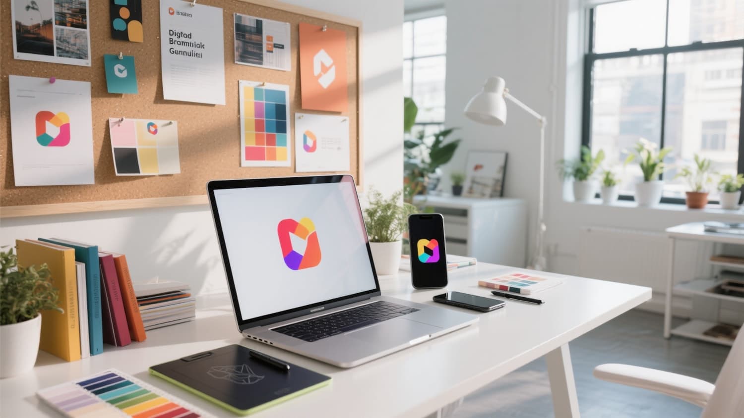 A bright workspace with a laptop, design tools and a pinboard of references