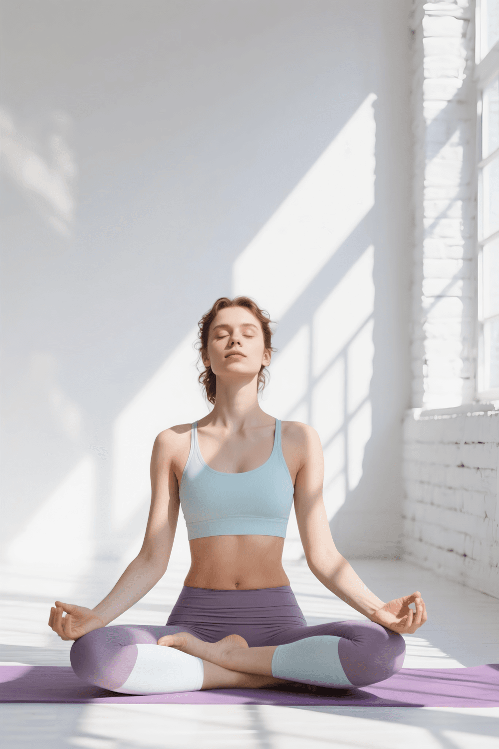 A woman meditating on a mat in a sunlit room