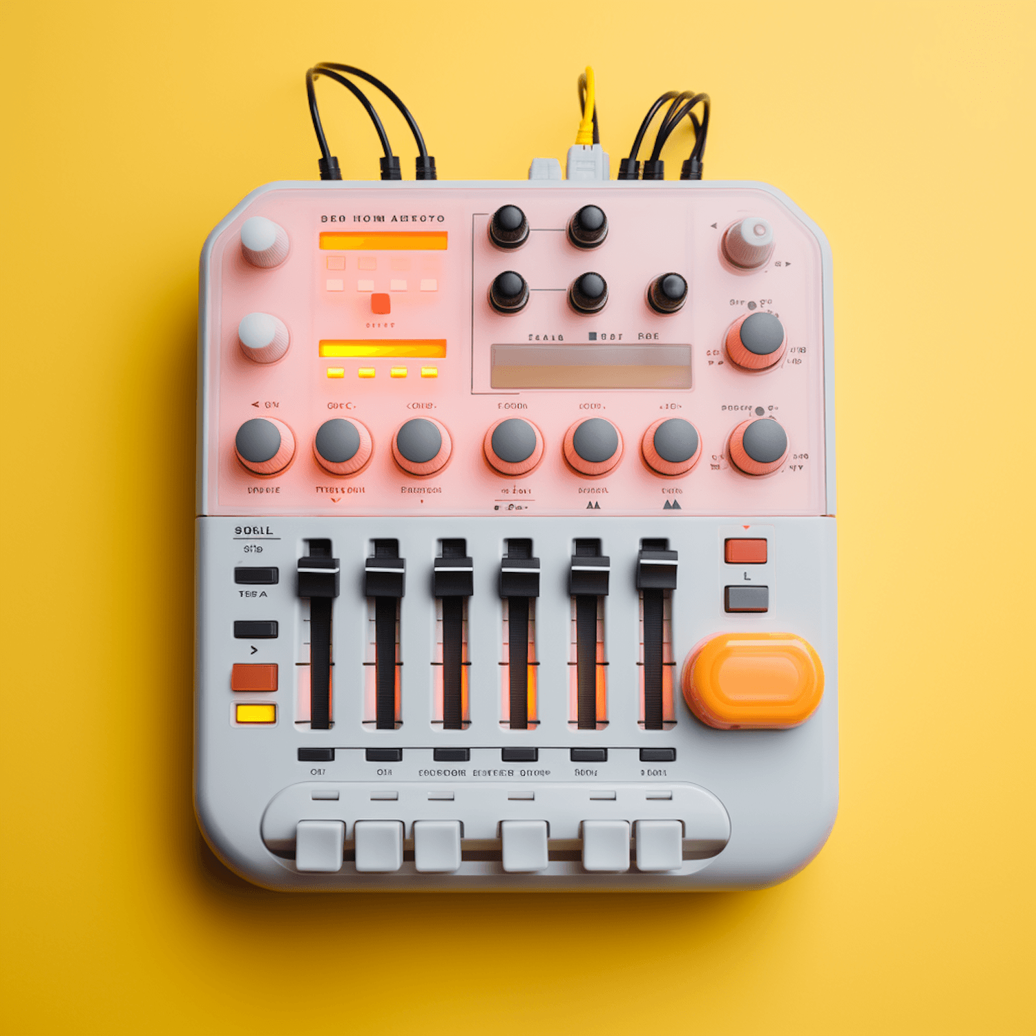 A pastel-coloured music production device with knobs and sliders